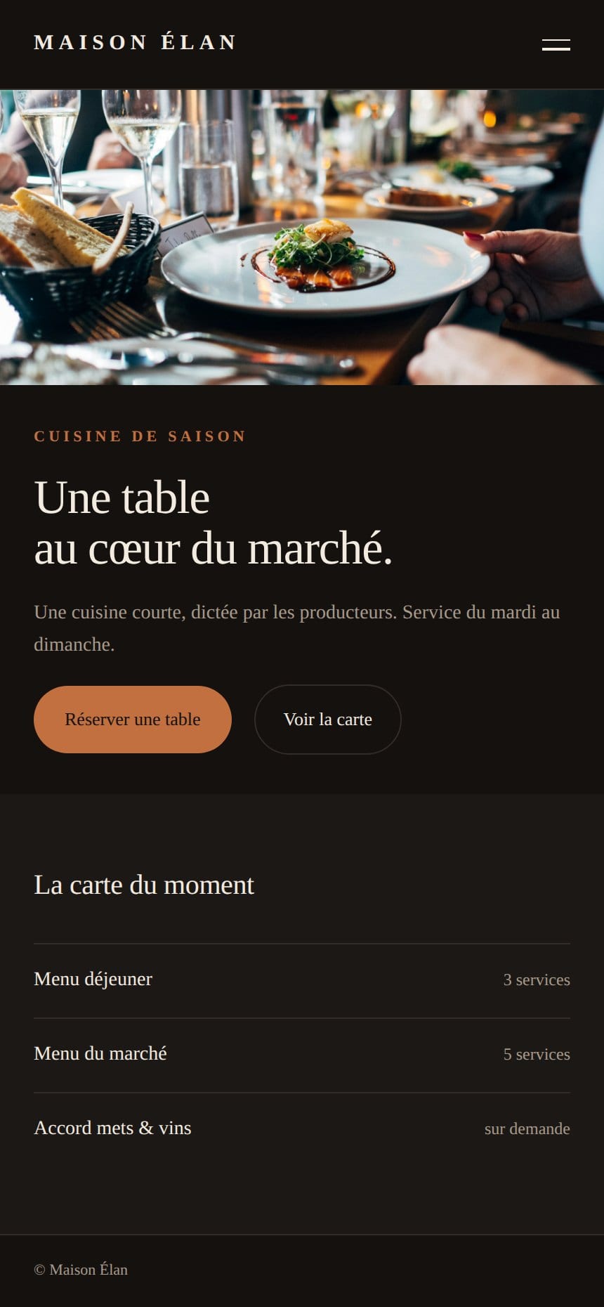 Version mobile du concept Maison Élan (restaurant).
