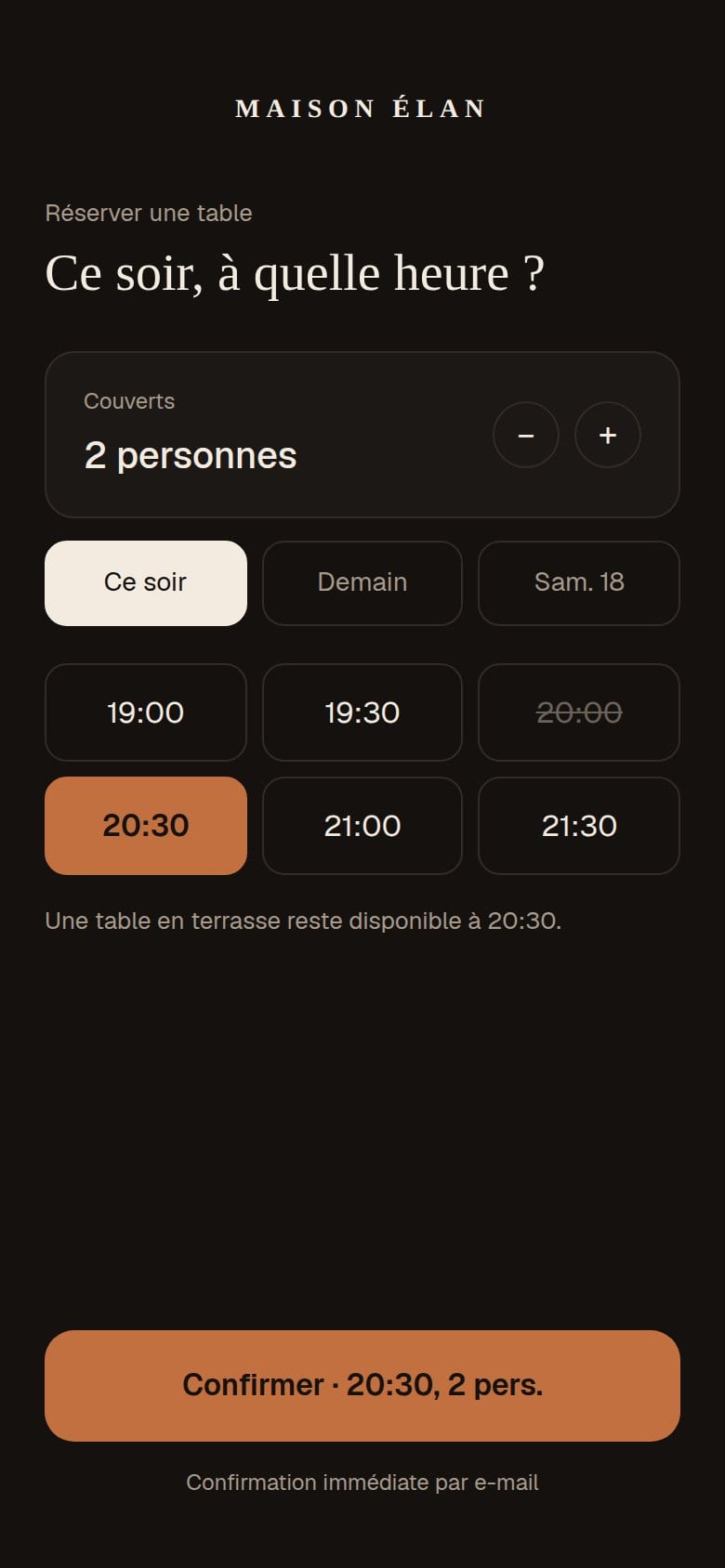 Réservation d'une table sur téléphone : couverts, jour et heure.