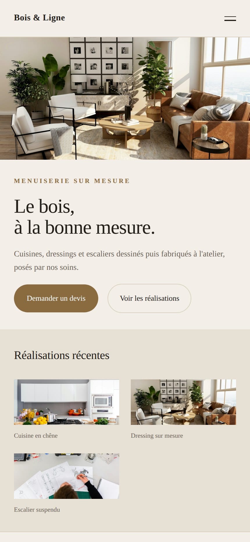 Version mobile du concept Bois & Ligne (menuisier).