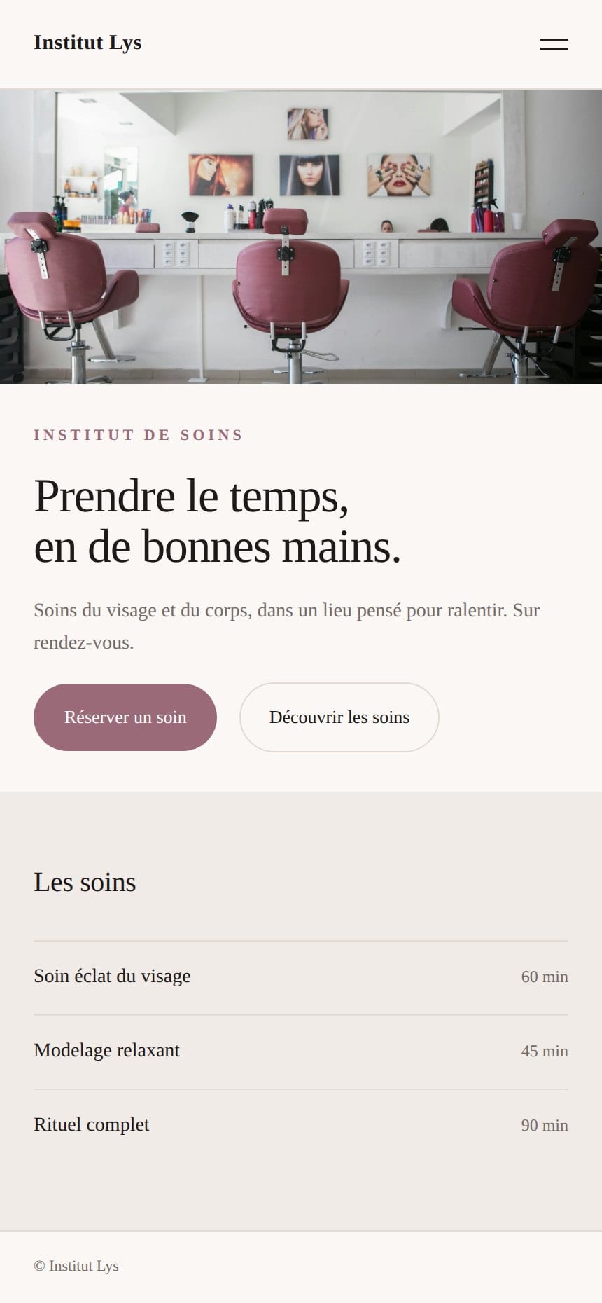 Version mobile du concept Institut Lys (institut de beauté).