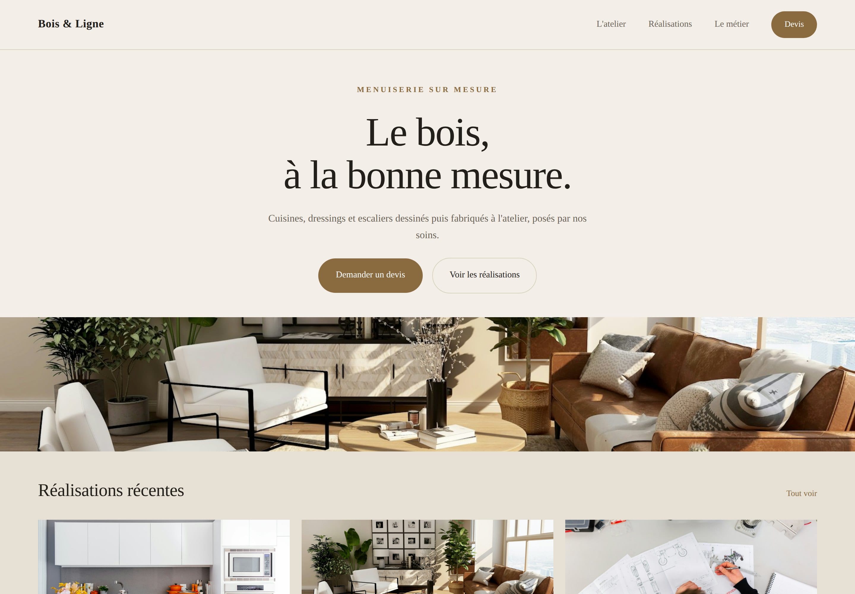 Page d'accueil du concept Bois & Ligne (menuisier).