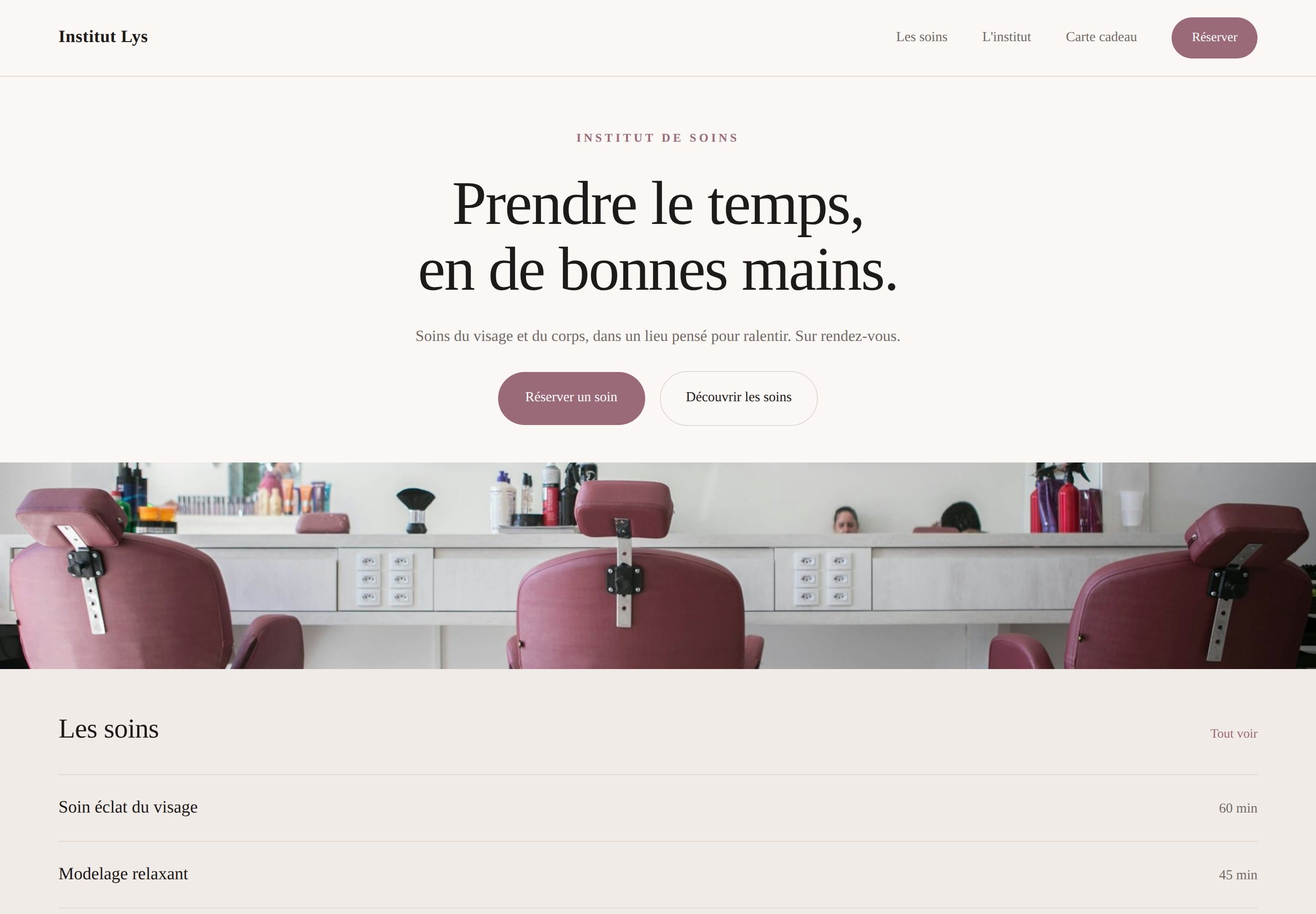 Page d'accueil du concept Institut Lys (institut de beauté).